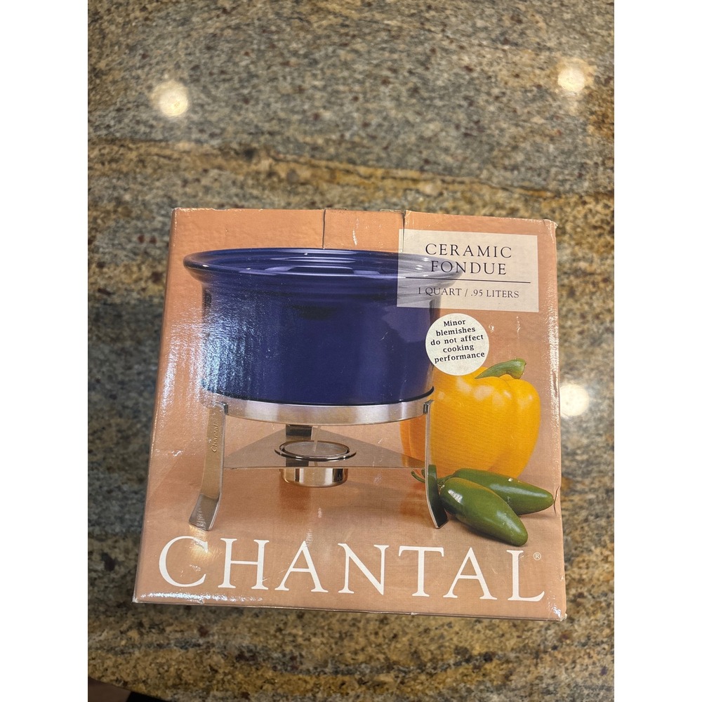 Vintage Chantal Ceramic Fondue Set 1 Quart Cobalt Blue Stainless Steel Stand